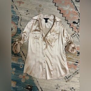 White House Black Market Satin Blouse with Roll-Up Sleeves